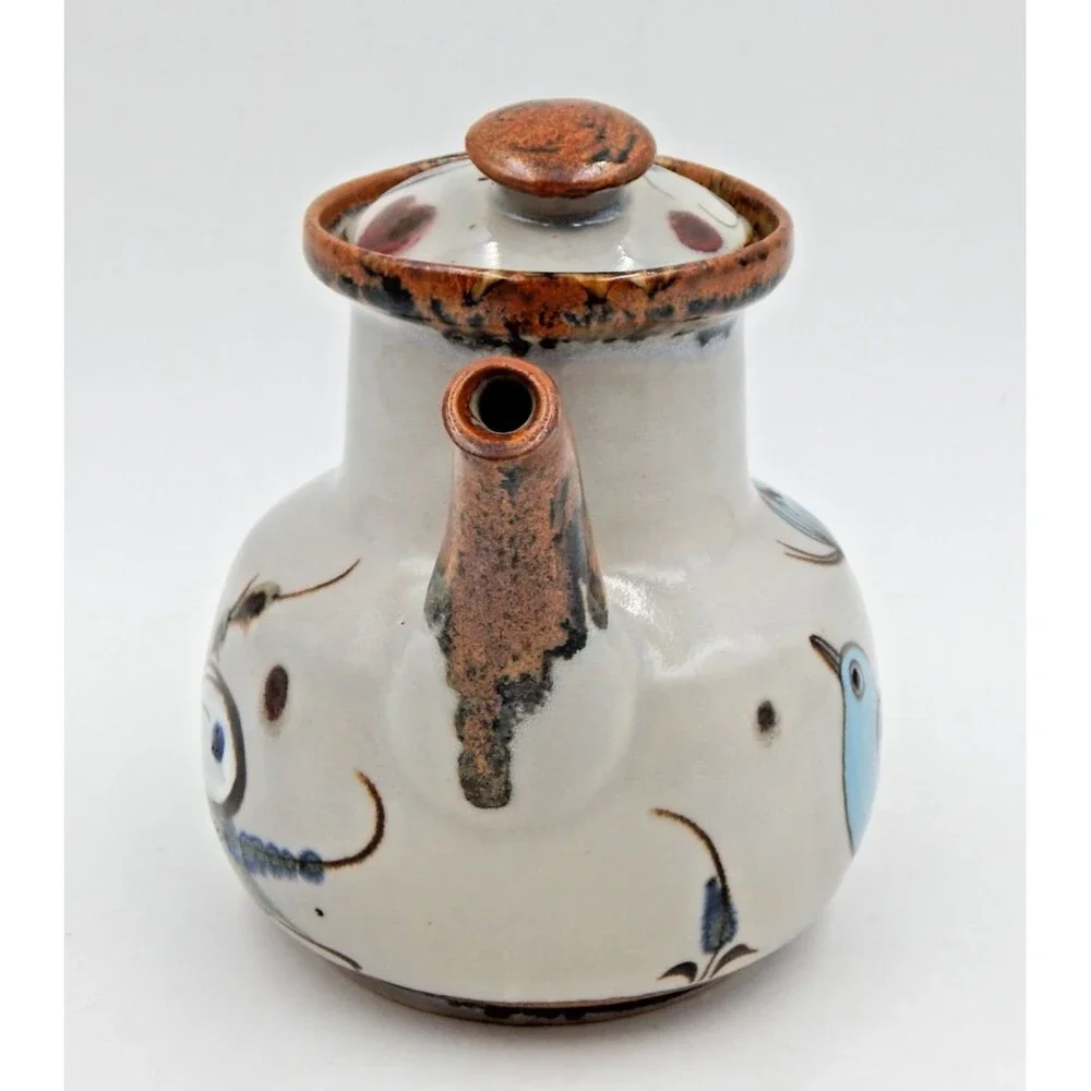 Tonala Ken Edwards Pottery Teapot Bird Butterfly Blue Brown 6 Inch